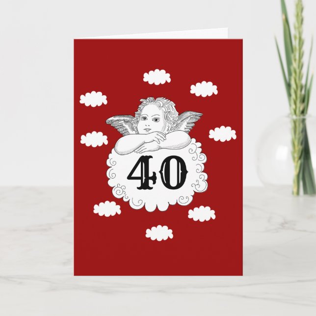 Red White Cherub Angel 40th Birthday Add Your Name Card (Front)