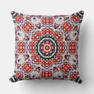 Red & white chess or pixel kaleidoscope circular   cushion