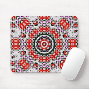 Red & white chess or pixel kaleidoscope circular   mouse mat