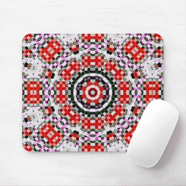 Red & white chess or pixel kaleidoscope circular   mouse mat (With Mouse)