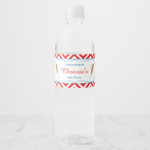 Red & White Chevron Baseball Baby Water Bottle Label