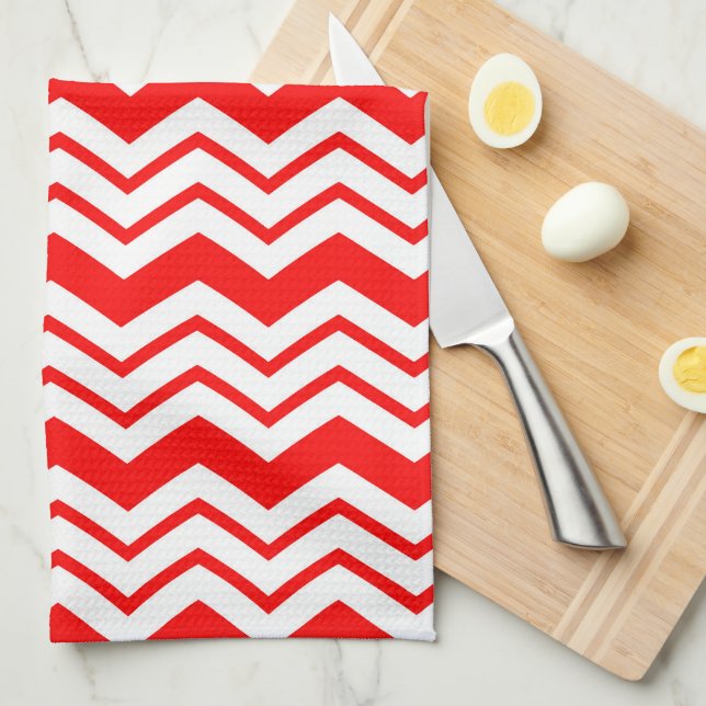 Red White Chevron Zigzag Pattern Design  Tea Towel (Quarter Fold)