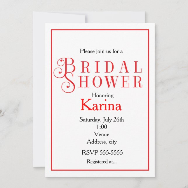 Red & White Chic Classy Bridal Shower Invitation (Front)