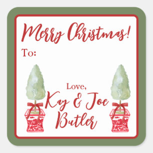 Red & White Chinoiserie Topiary Christmas Gift Square Sticker