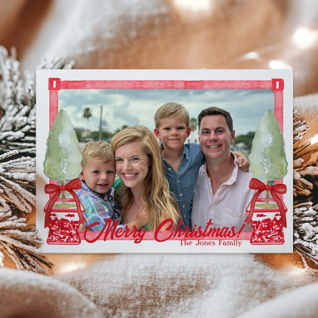 Red & White Chinoiserie Topiary Christmas Photo Holiday Card (Creator Uploaded)
