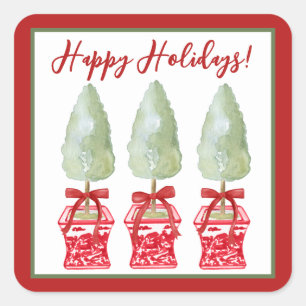 Red & White Chinoiserie Topiary Holiday Square Sticker