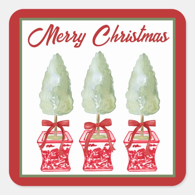 Red & White Chinoiserie Topiary Holiday Square Sticker (Front)