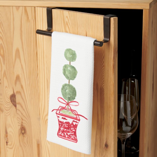 Red & White Chinoiserie Topiary Holiday Tea Towel (Thirds Fold)