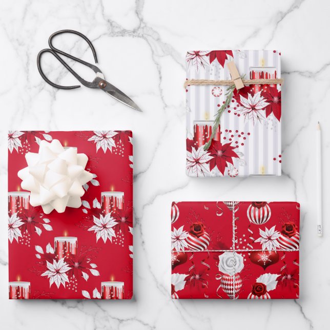Red White Christmas Candles Ornaments Rose Holiday Wrapping Paper Sheet (Front)