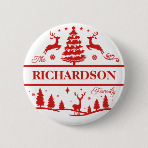 Red White Christmas Family Name Personalised Name 6 Cm Round Badge