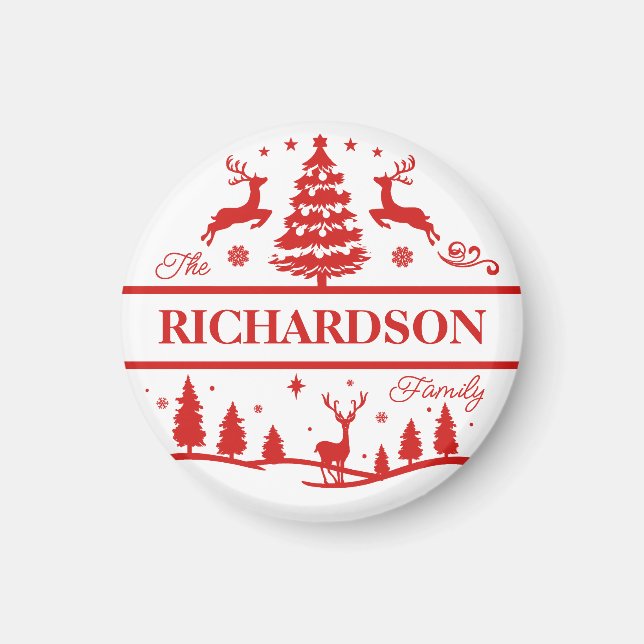 Red White Christmas Family Name Personalised Name Magnet (Front)