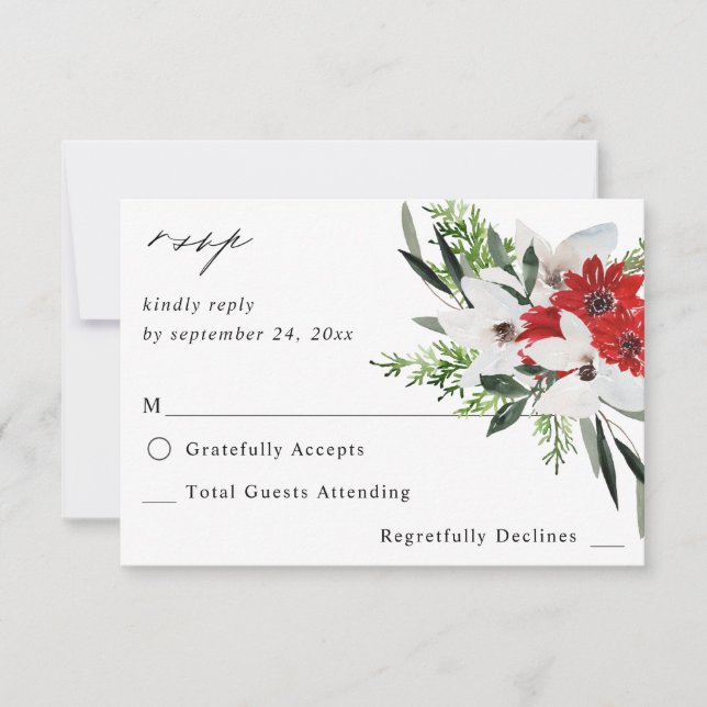Red & White Christmas Floral no Meal RSVP (Front)