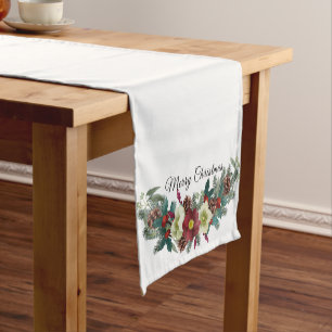 Red & White Christmas Floral Swag Merry Christmas Short Table Runner