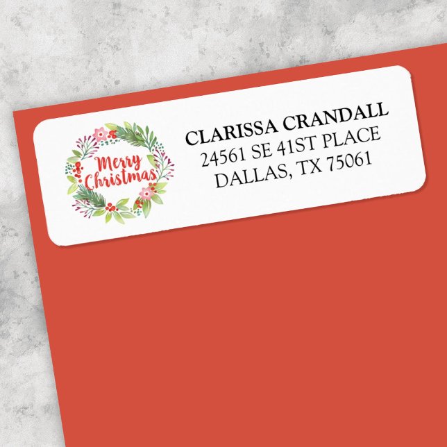 Red White Christmas Floral Wreath Return Address (An elegant Christmas wreath return address label)