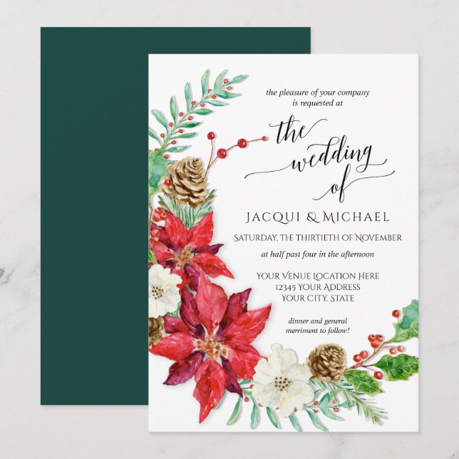 Red White Christmas Floral Wreath Winter Wedding Invitation (Front/Back)