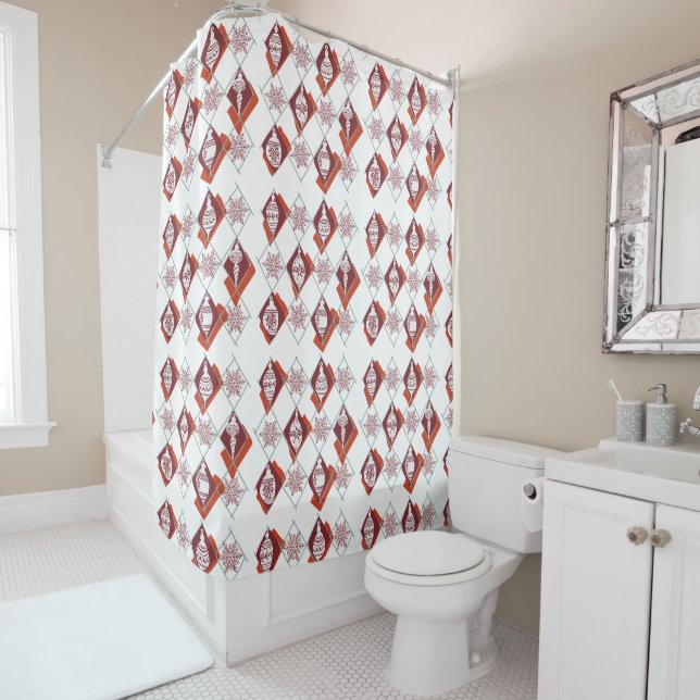 Red White Christmas Holiday Snowflakes Pattern  Shower Curtain (In Situ)