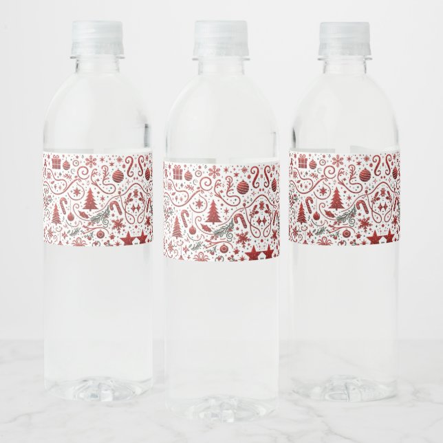  Red White Christmas Holiday Water Bottle Label (Bottles)