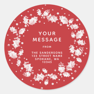 Red + White Christmas Holly Wreath Return Address Classic Round Sticker