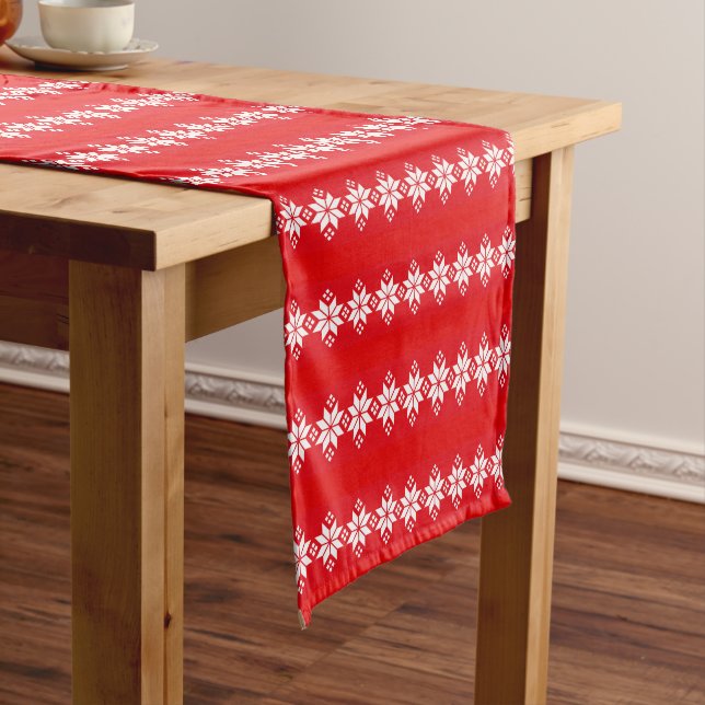 Red & White Christmas Knitted Pattern Short Table Runner (In Situ)