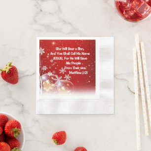 Red & White Christmas Napkin – Matthew 1:21 Script
