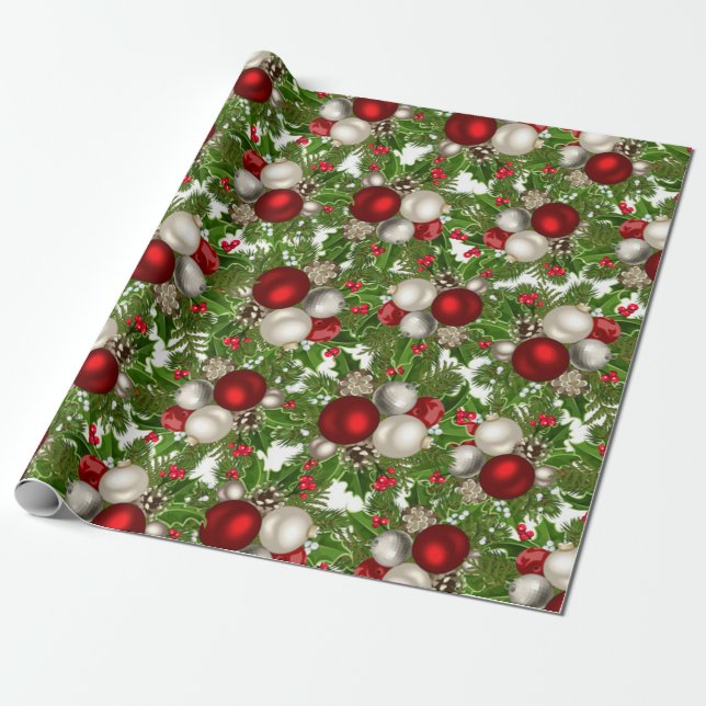 Red White Christmas Ornaments Christmas Holly Wrapping Paper (Unrolled)