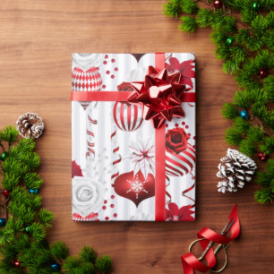 Red & White Christmas Ornaments Holiday Wrapping Paper