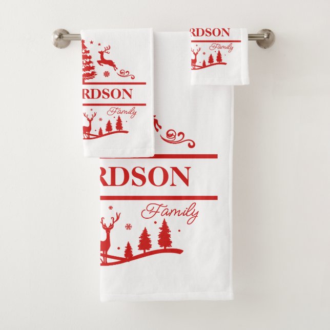 Red White Christmas Personalised Family Name Bath Towel Set (Insitu)