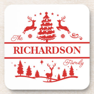 Red White Christmas Personalised Family Name Coaster