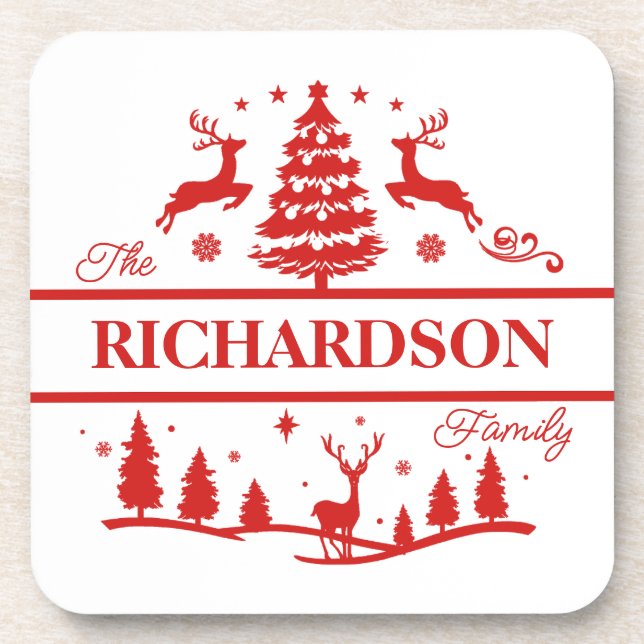 Red White Christmas Personalised Family Name Coaster (Front)