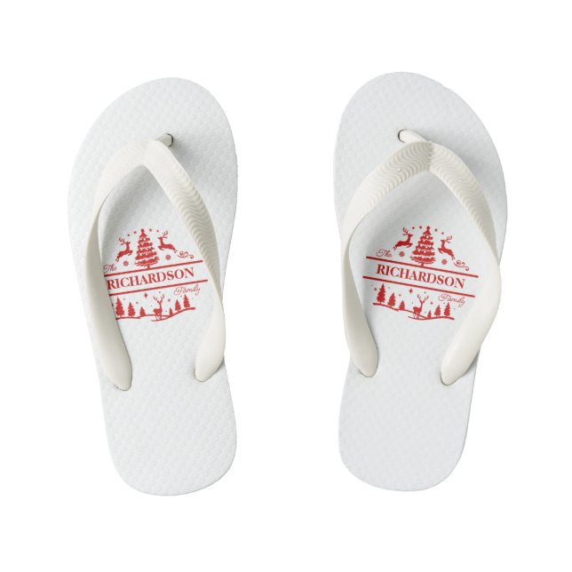 Red White Christmas Personalised Family Name Kid's Flip Flops (Footbed)