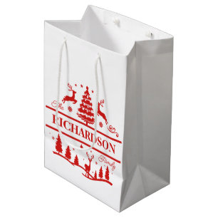 Red White Christmas Personalised Family Name Medium Gift Bag