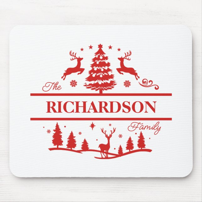 Red White Christmas Personalised Family Name Mouse Mat (Front)