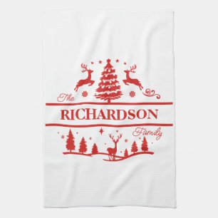 Red White Christmas Personalised Family Name Tea Towel