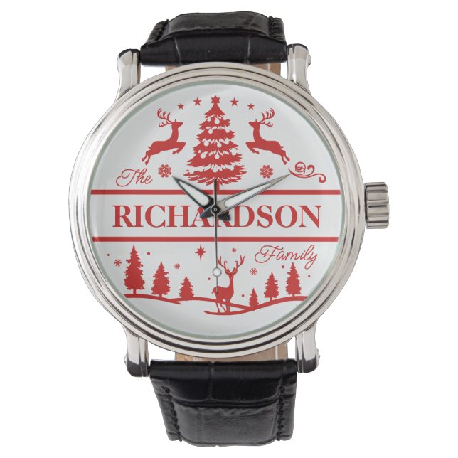 Red White Christmas Personalised Family Name Watch (Front)