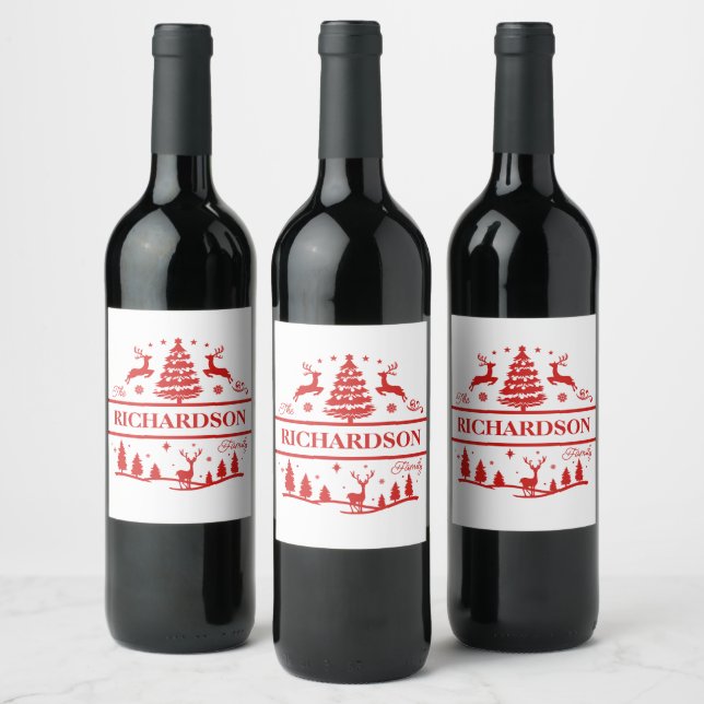 Red White Christmas Personalised Family Name Wine Label (Bottles)