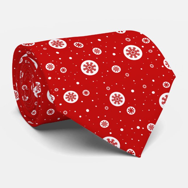 Red & White Christmas Snowflakes and Snow Pattern Tie (Rolled)