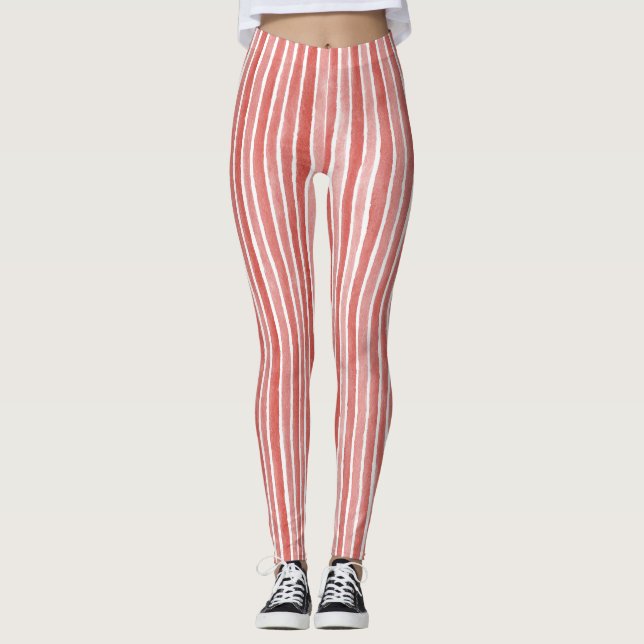 Red White Christmas Stripes Leggings (Front)