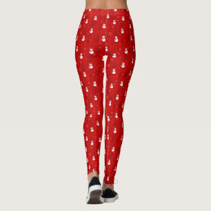 Red & White Christmas Tree and Snowman Pattern Leggings