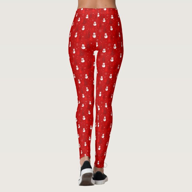 Red & White Christmas Tree and Snowman Pattern Leggings (Back)
