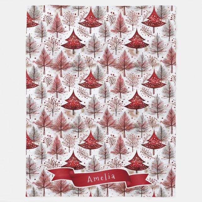 Red White Christmas Tree Pattern#4 ID1009 Fleece Blanket (Front)
