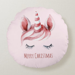 Red White Christmas Unicorn Eyelashes Round Cushion