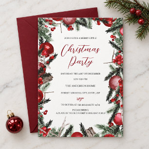 Red White Christmas Wreath Festive Floral Party Invitation
