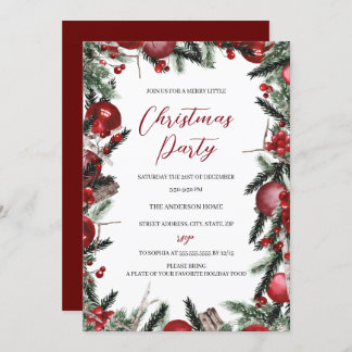 Red White Christmas Wreath Festive Floral Party Invitation