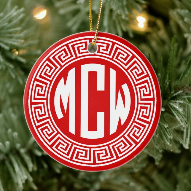 Red White Circle Monogram Font Greek Key Frame Ceramic Tree Decoration (Creator Uploaded)