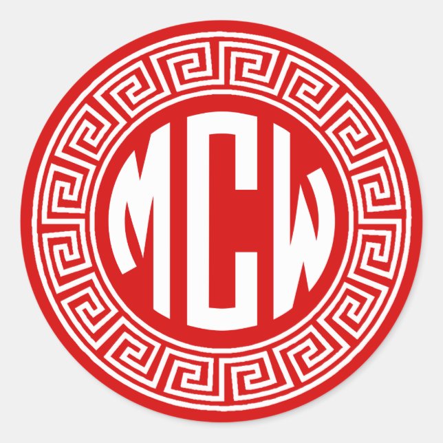 Red White Circle Monogram Font Greek Key Frame Classic Round Sticker (Front)