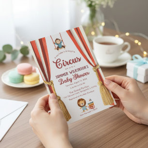 Red White Circus Curtains Baby Shower QR rsvp Invitation