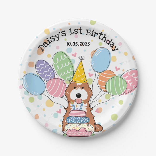 Red White Cockapoo Cavapoo Dog Birthday  Paper Plate (Front)