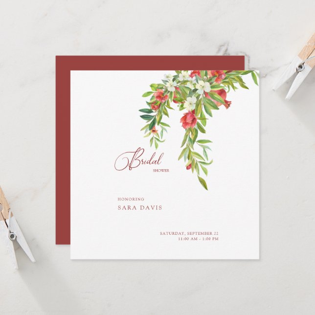 Red & White Colourful Tuscan Bridal Shower Square Invitation (Front/Back In Situ)