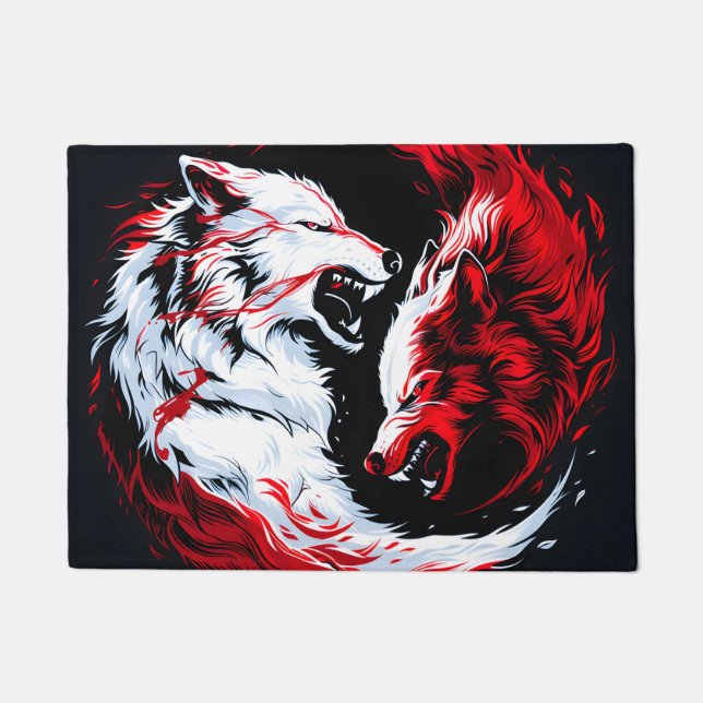 Red White Cosmic Wolf Warrior Doormat (Front)