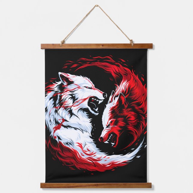 Red White Cosmic Wolf Warrior Hanging Tapestry (Front)